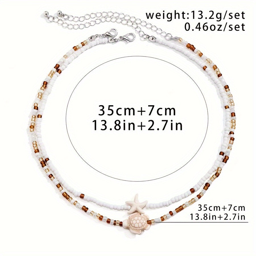 Beachy Layered Beaded Necklace with Turtle & Starfish