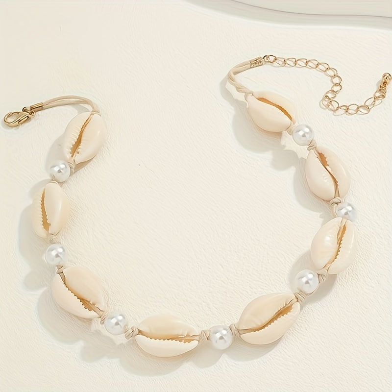 Boho Cowrie Shell and Pearl Choker Necklace