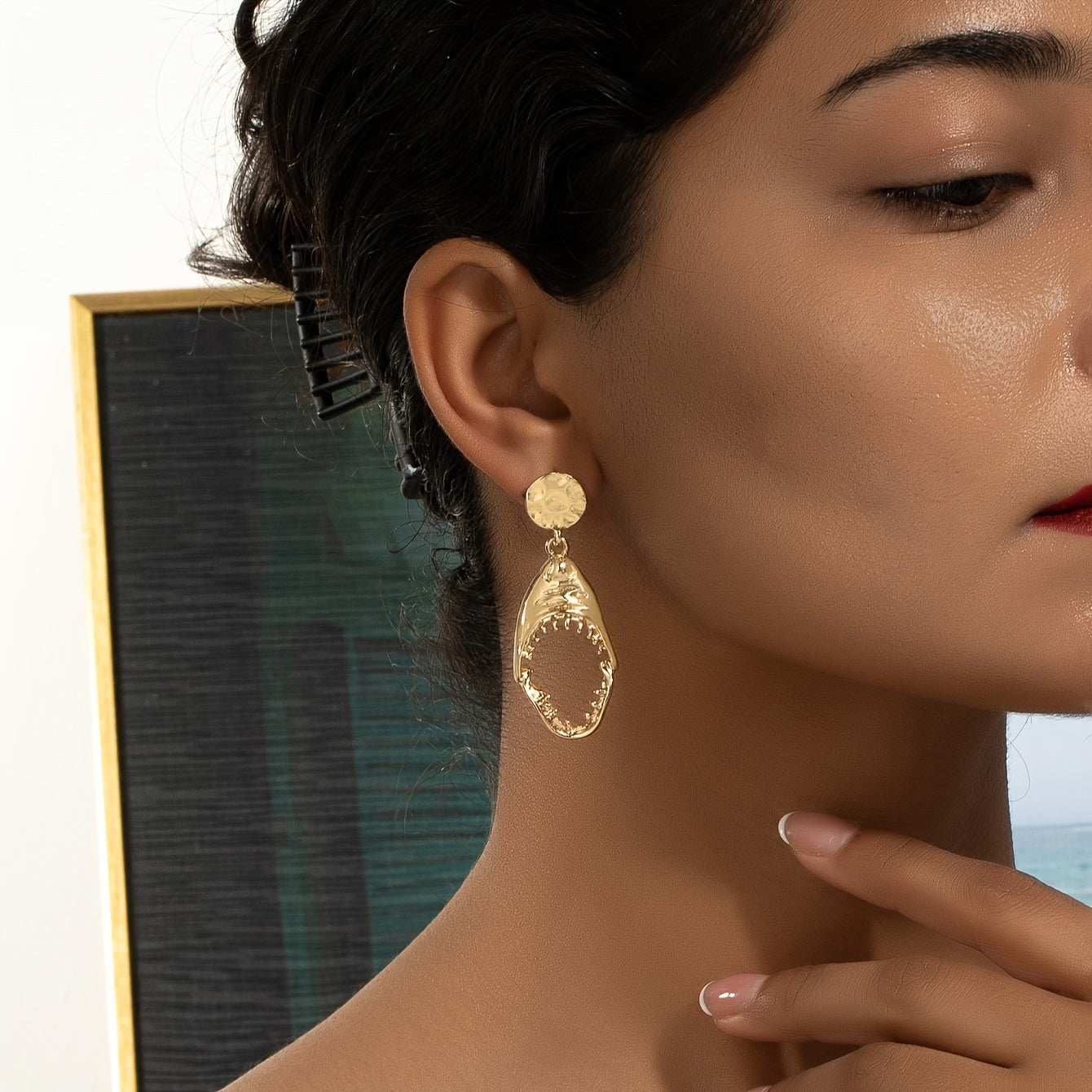 Gold Shark Jaw Drop Earrings with Hammered Disc