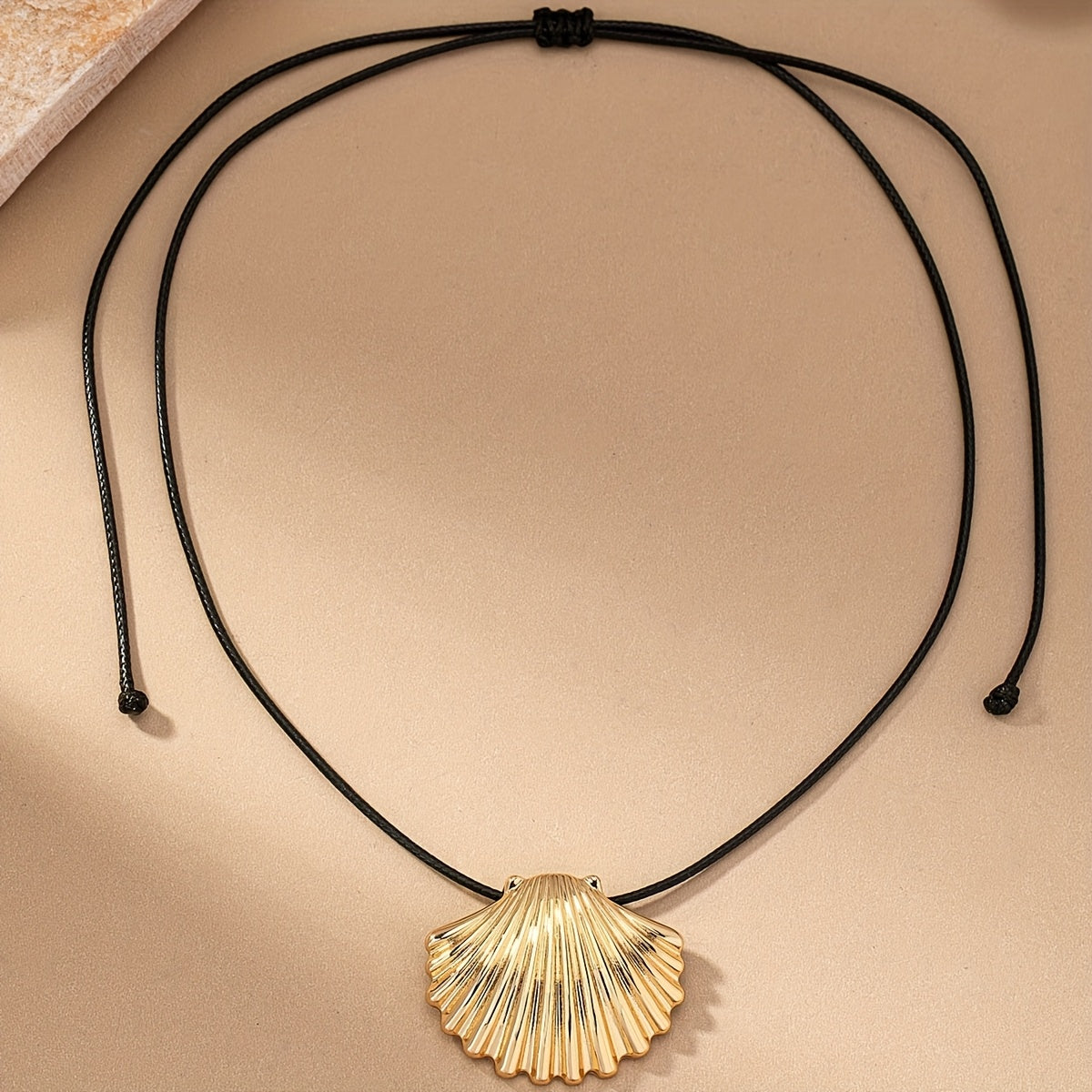 Golden Scallop Shell Necklace with Black Cord