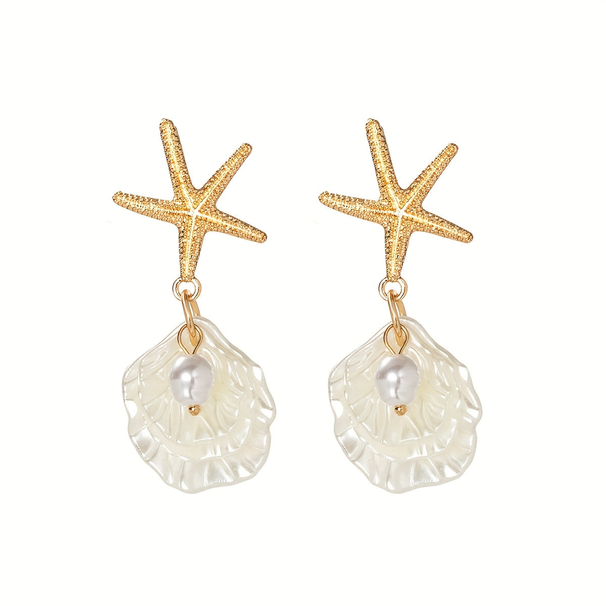 Gold Starfish Pearl Shell Drop Earrings