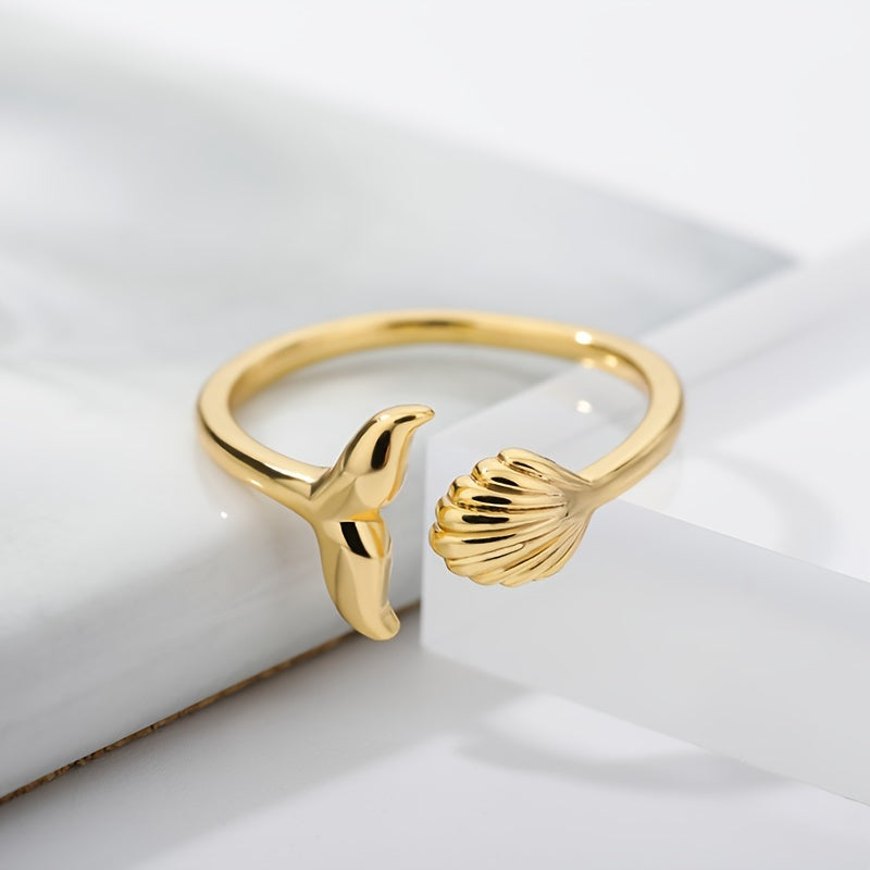 Gold Tone Whale Tail and Scallop Open Ring