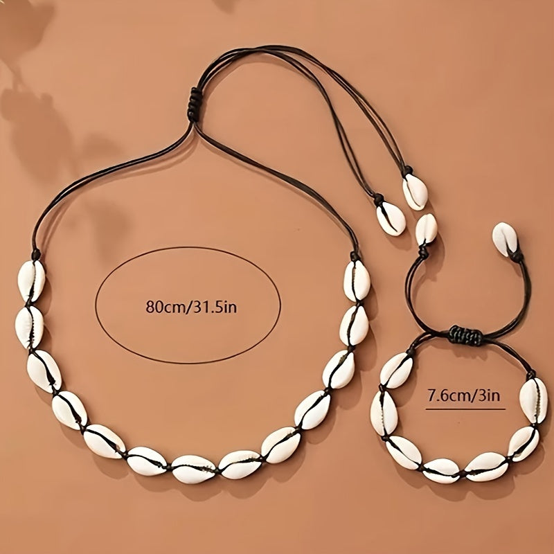 Black and White Adjustable Cowrie Shell Jewelry Set