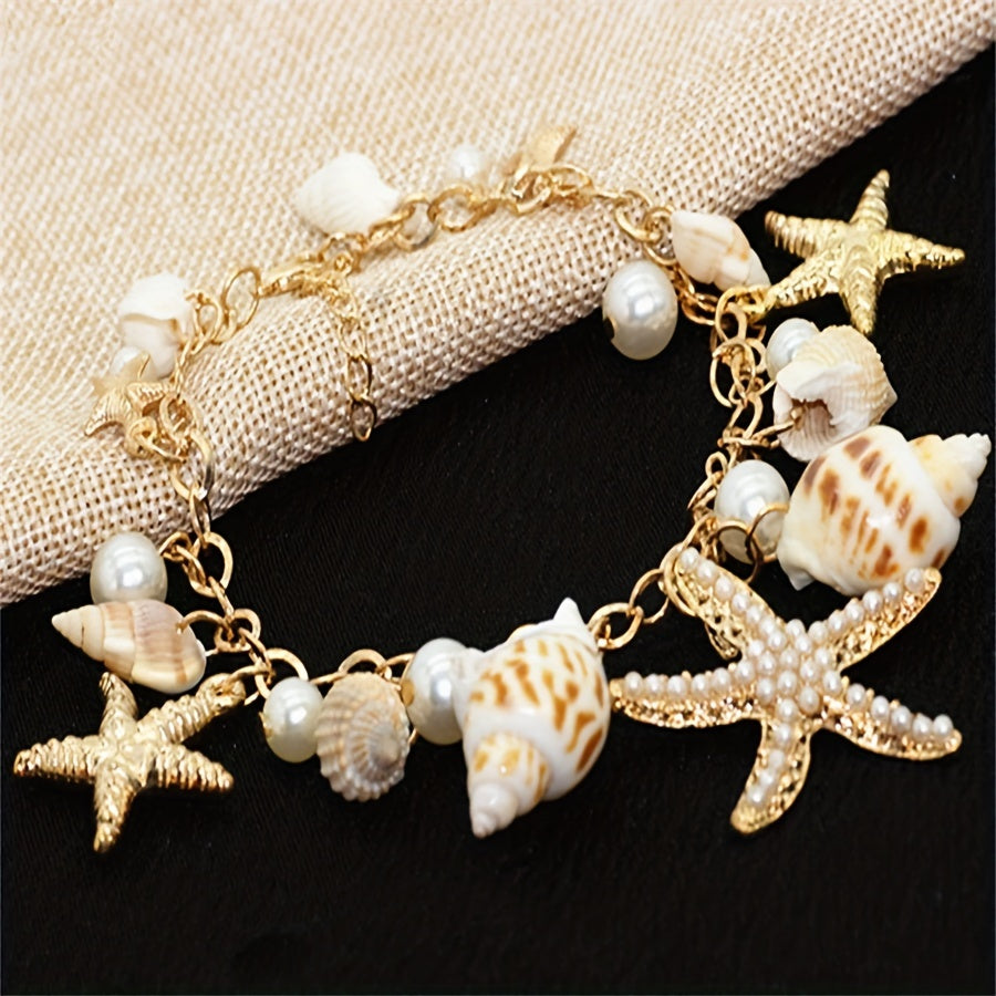 Gold Tone Seashell Starfish Pearl Charm Bracelet