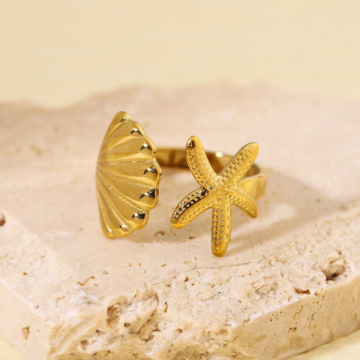 Gold Adjustable Starfish and Shell Ring Set
