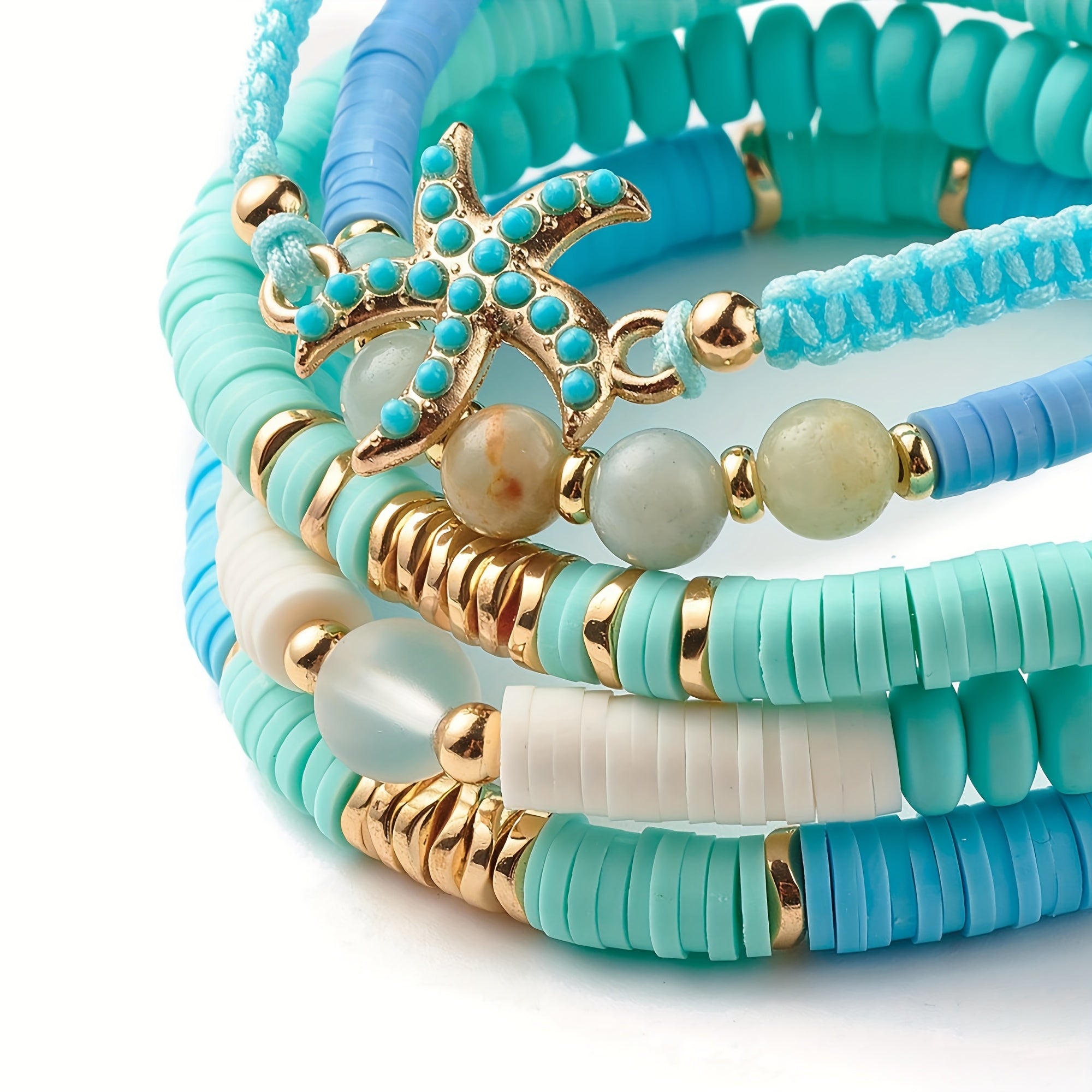Boho Blue Heishi Bracelets with Starfish Charm