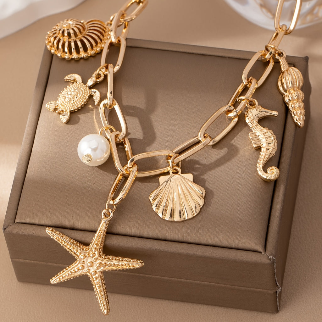 Gold-Tone Sea Life Charm Necklace in Zinc Alloy