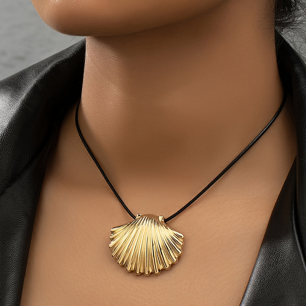 Golden Scallop Shell Necklace with Black Cord