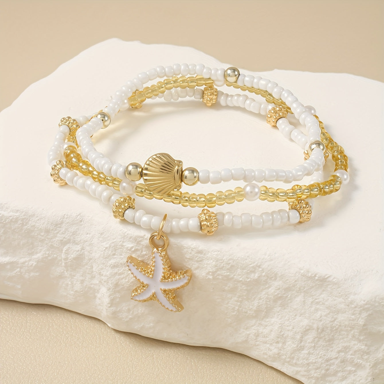 Beachy White Gold Beaded Anklet Set with Starfish
