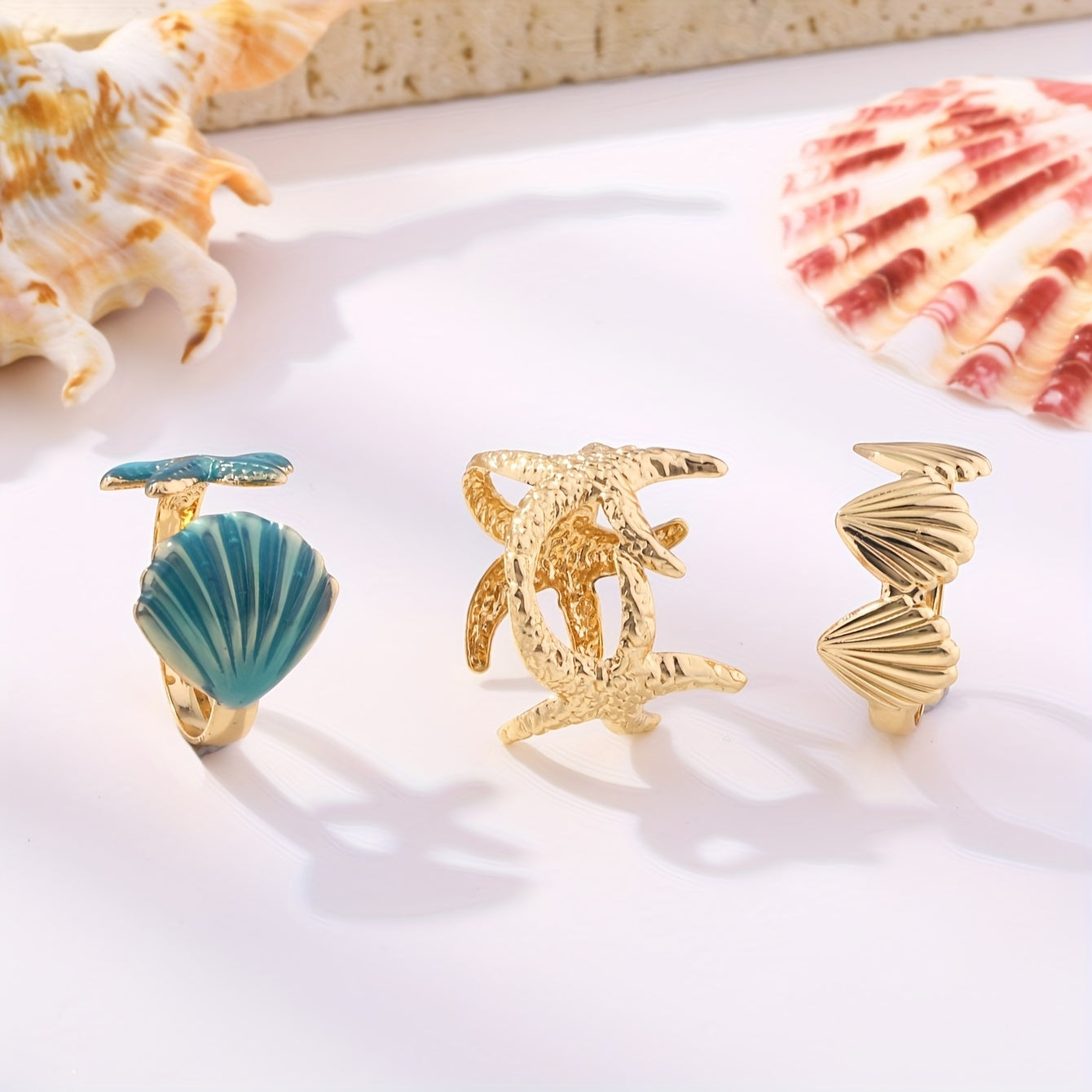 Gold-Tone Stackable Ocean Ring Set with Enamel
