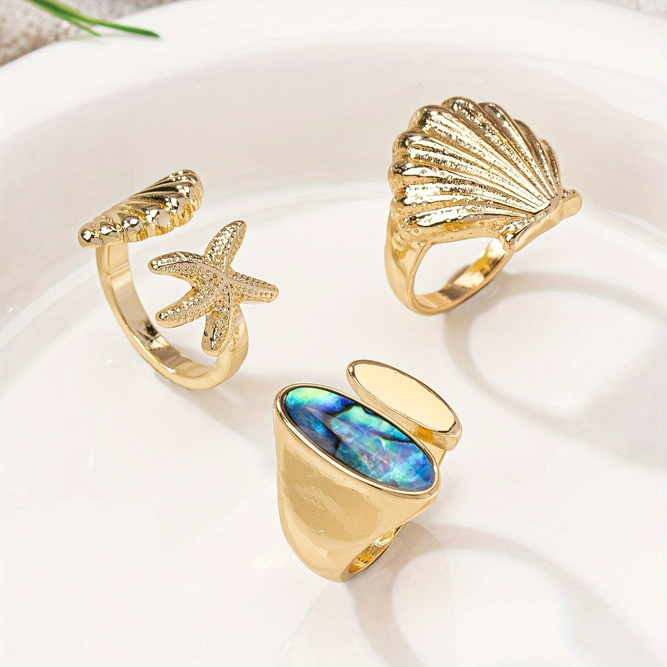 Gold Tone Sea-Inspired Rings with Abalone