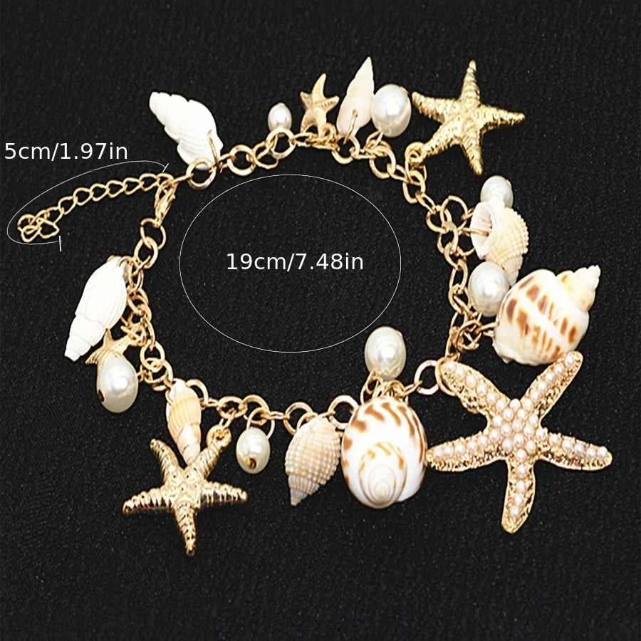Gold Tone Seashell Starfish Pearl Charm Bracelet