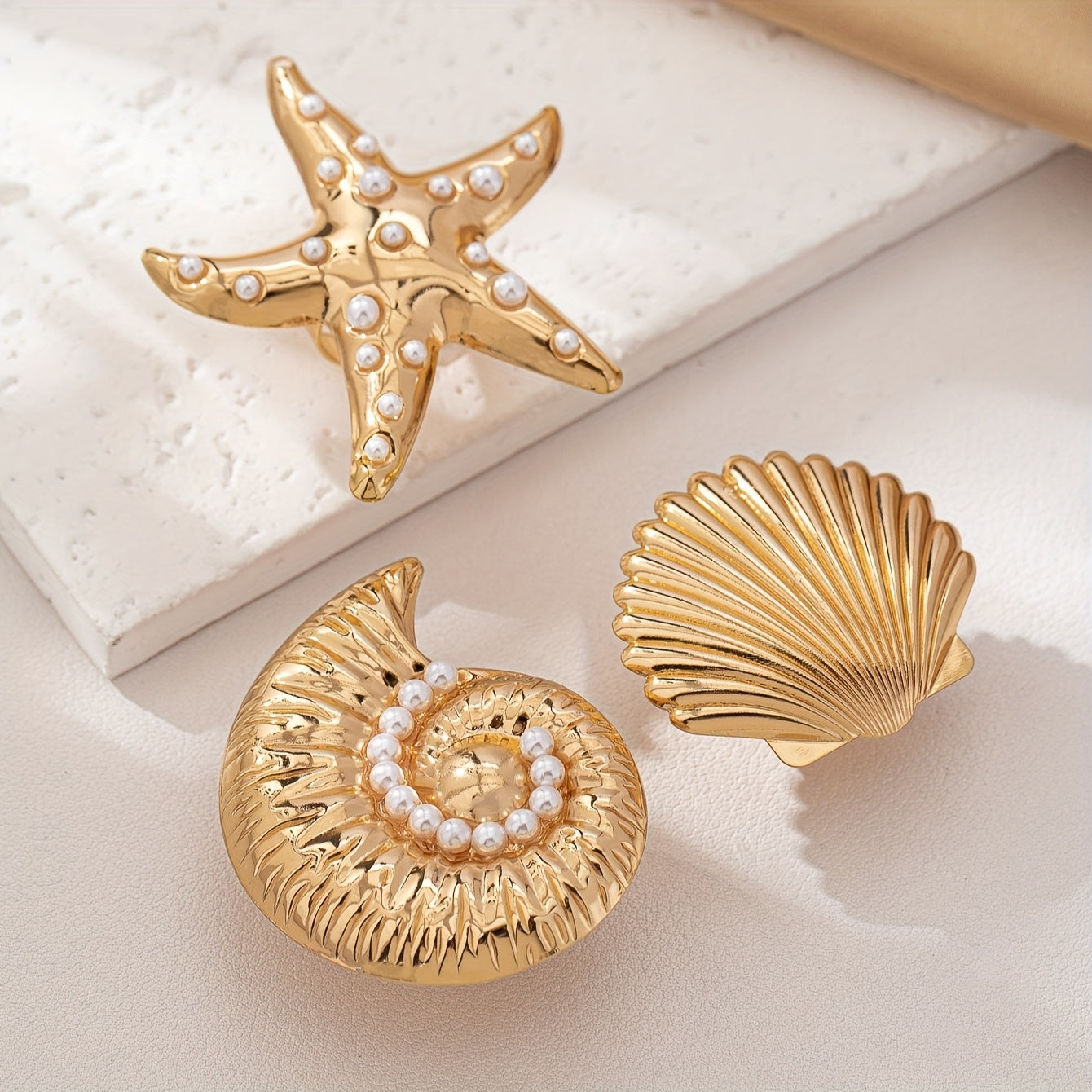 Gold Tone Marine Life Statement Rings Set with Pearls