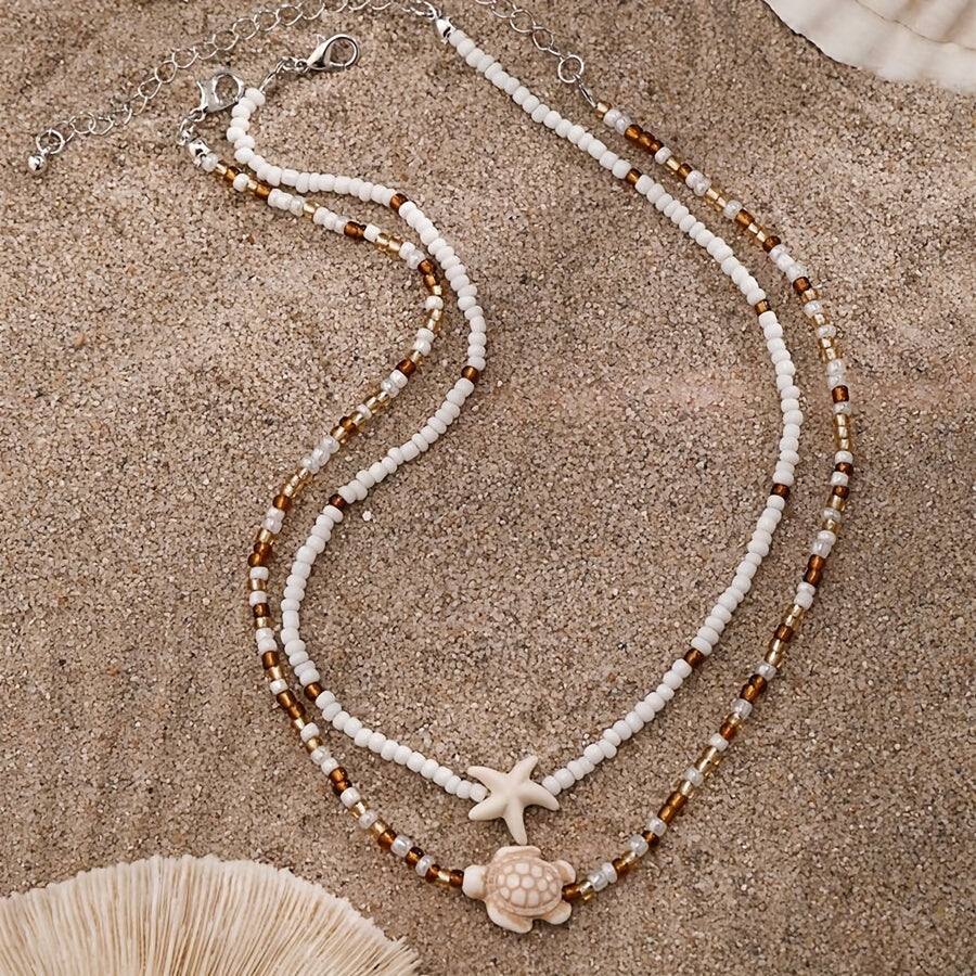 Beachy Layered Beaded Necklace with Turtle & Starfish
