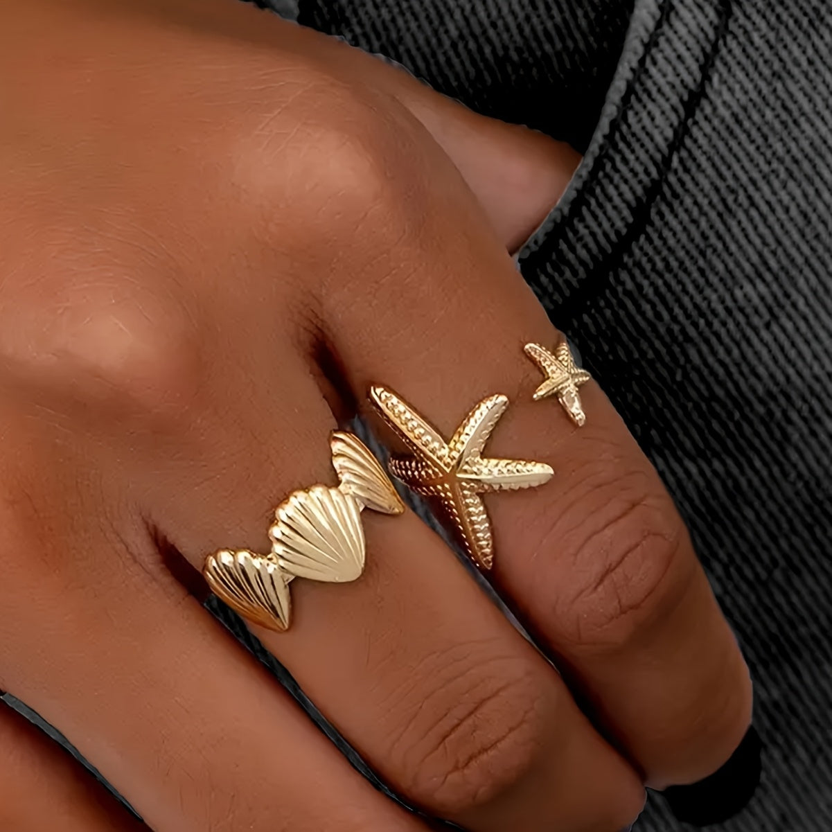 Adjustable Gold Tone Starfish & Shell Rings