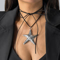 Bohemian Silver Starfish Lariat Necklace with Black Cord