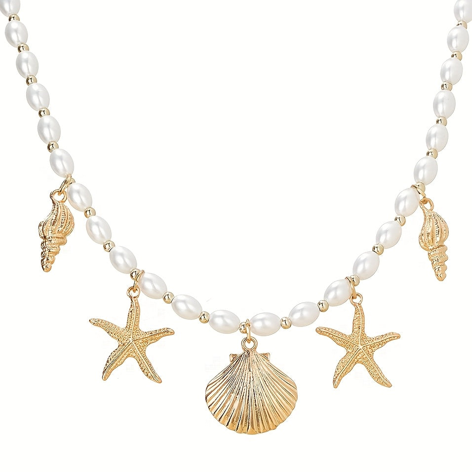 Beachy Faux Pearl Choker with Gold Sea Charms