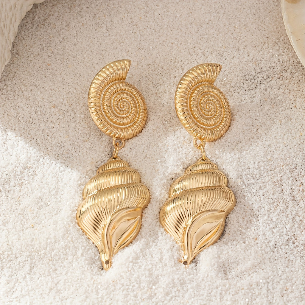 Gold Tone Spiral Shell Drop Earrings