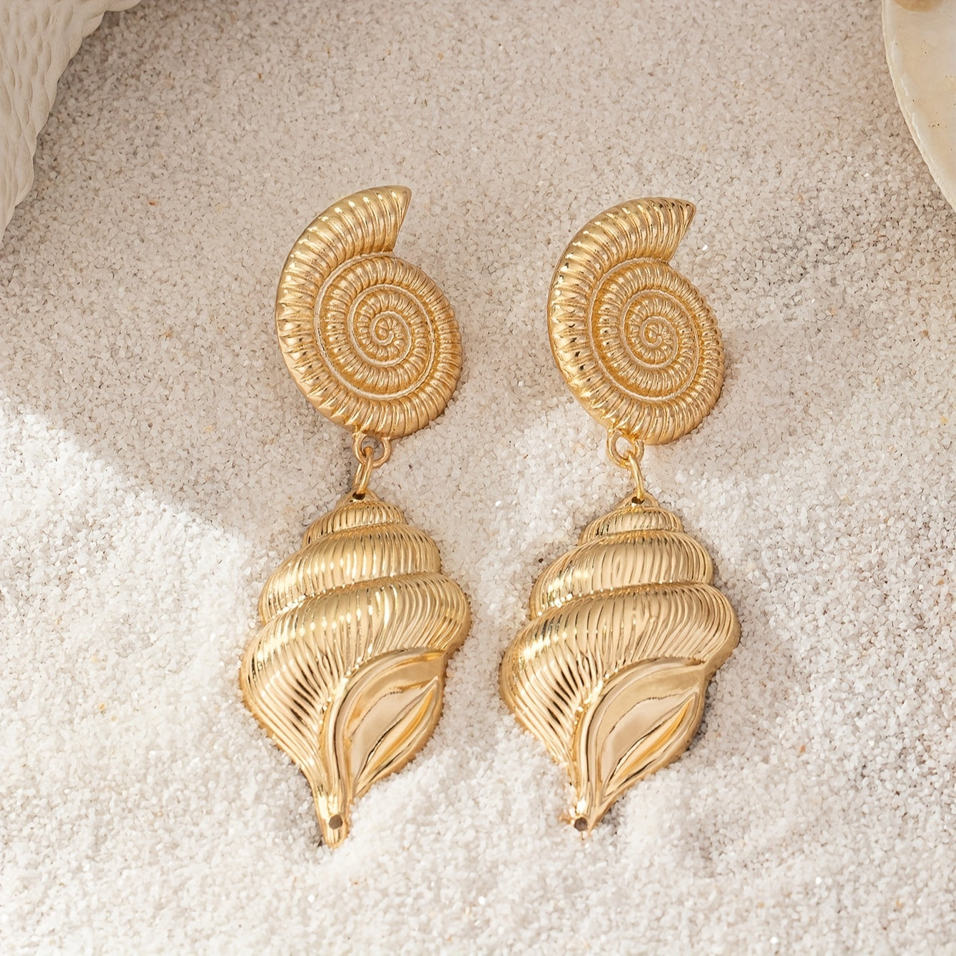Gold Tone Spiral Shell Drop Earrings