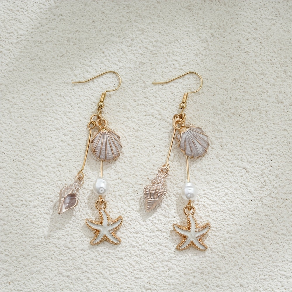 Gold-Tone Enamel Shell Starfish Pearl Drop Earrings