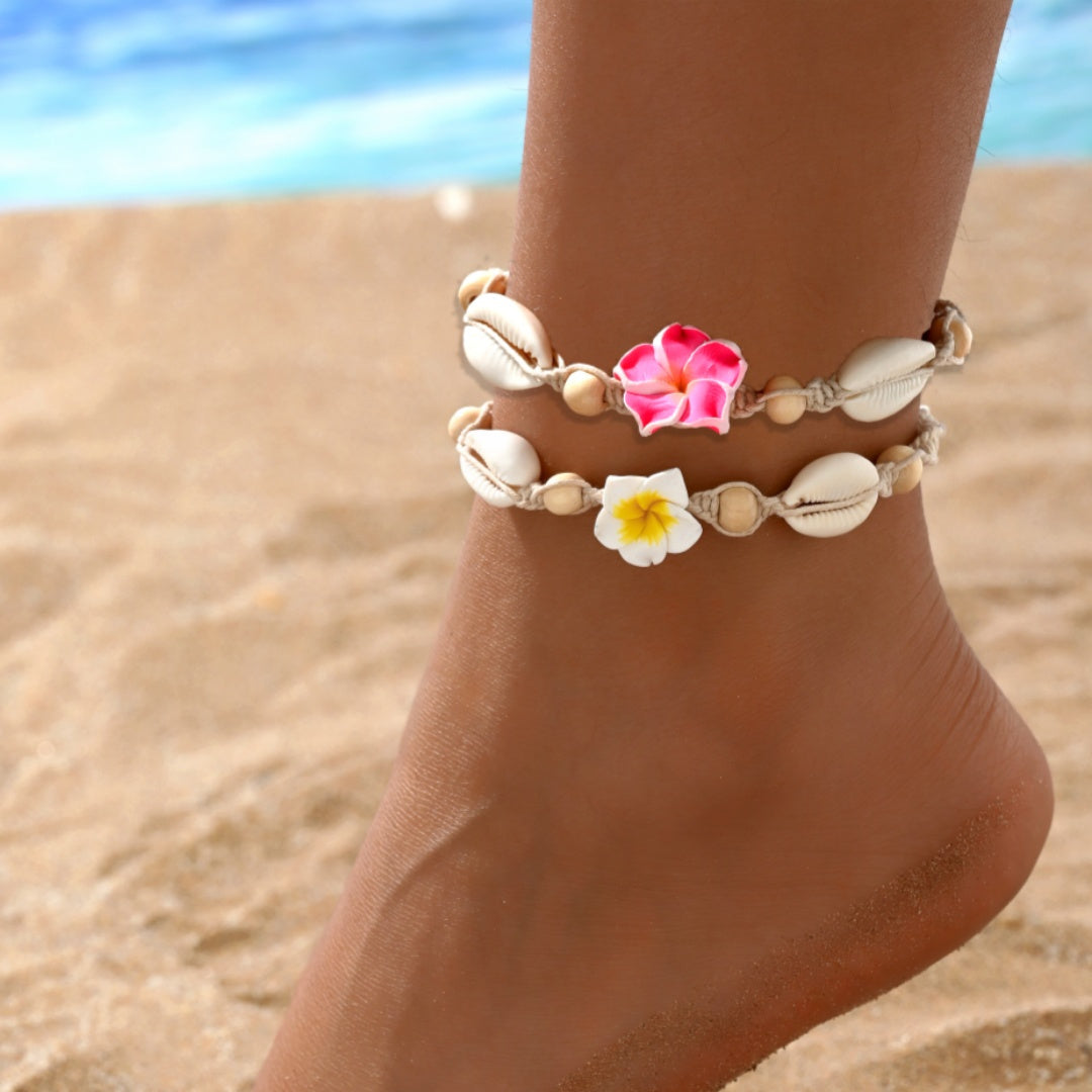 Boho Cowrie Shell and Plumeria Flower Anklet Set