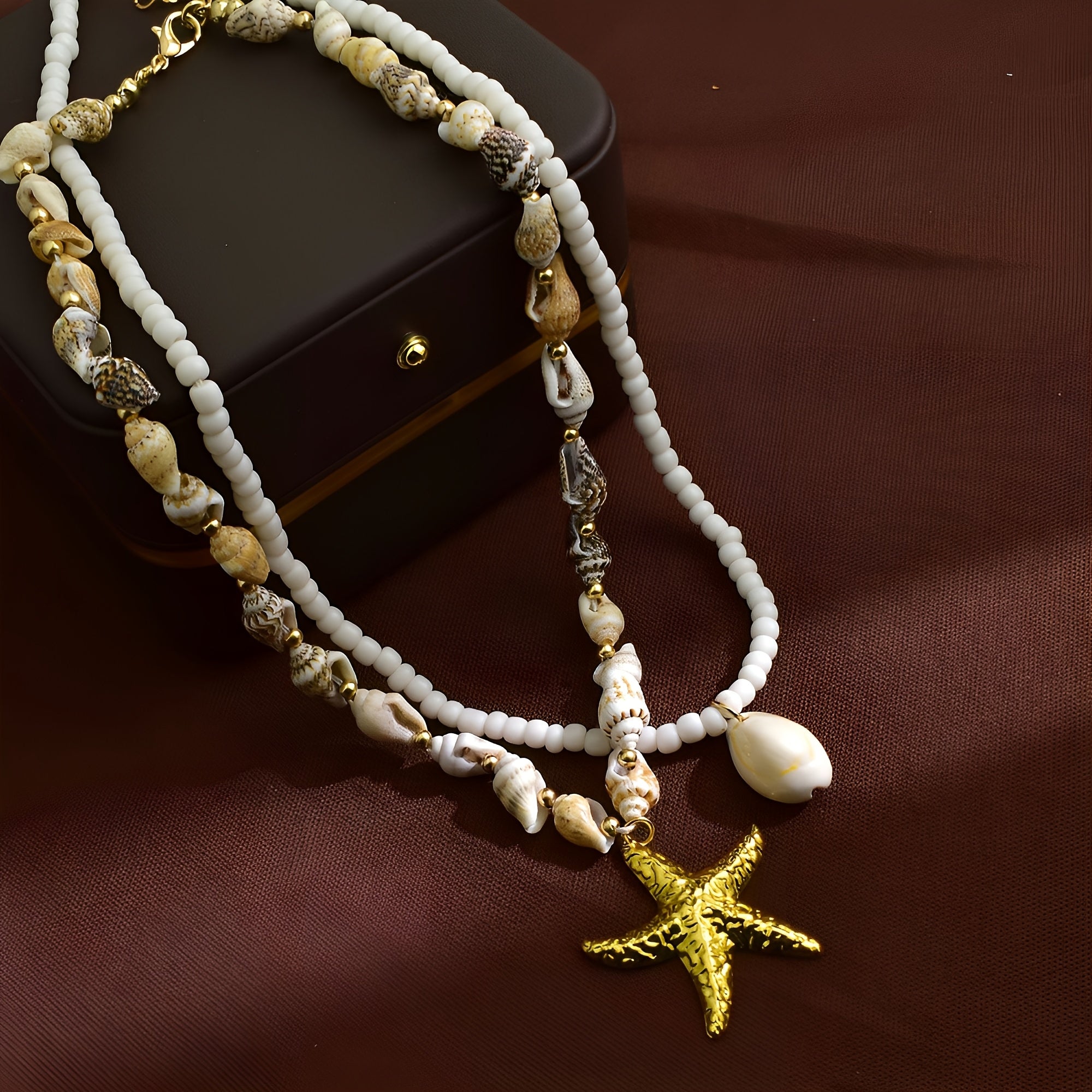 Bohemian Layered Shell Necklace with Gold Starfish