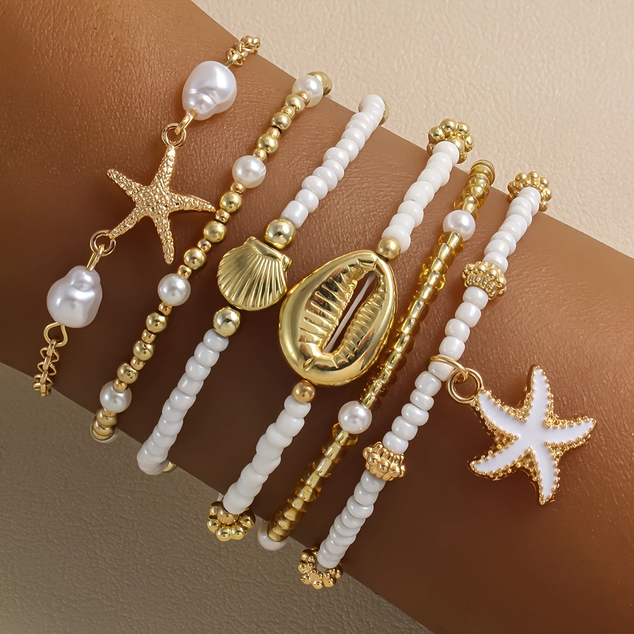Bohemian Gold & White Beaded Seashell Bracelet Set