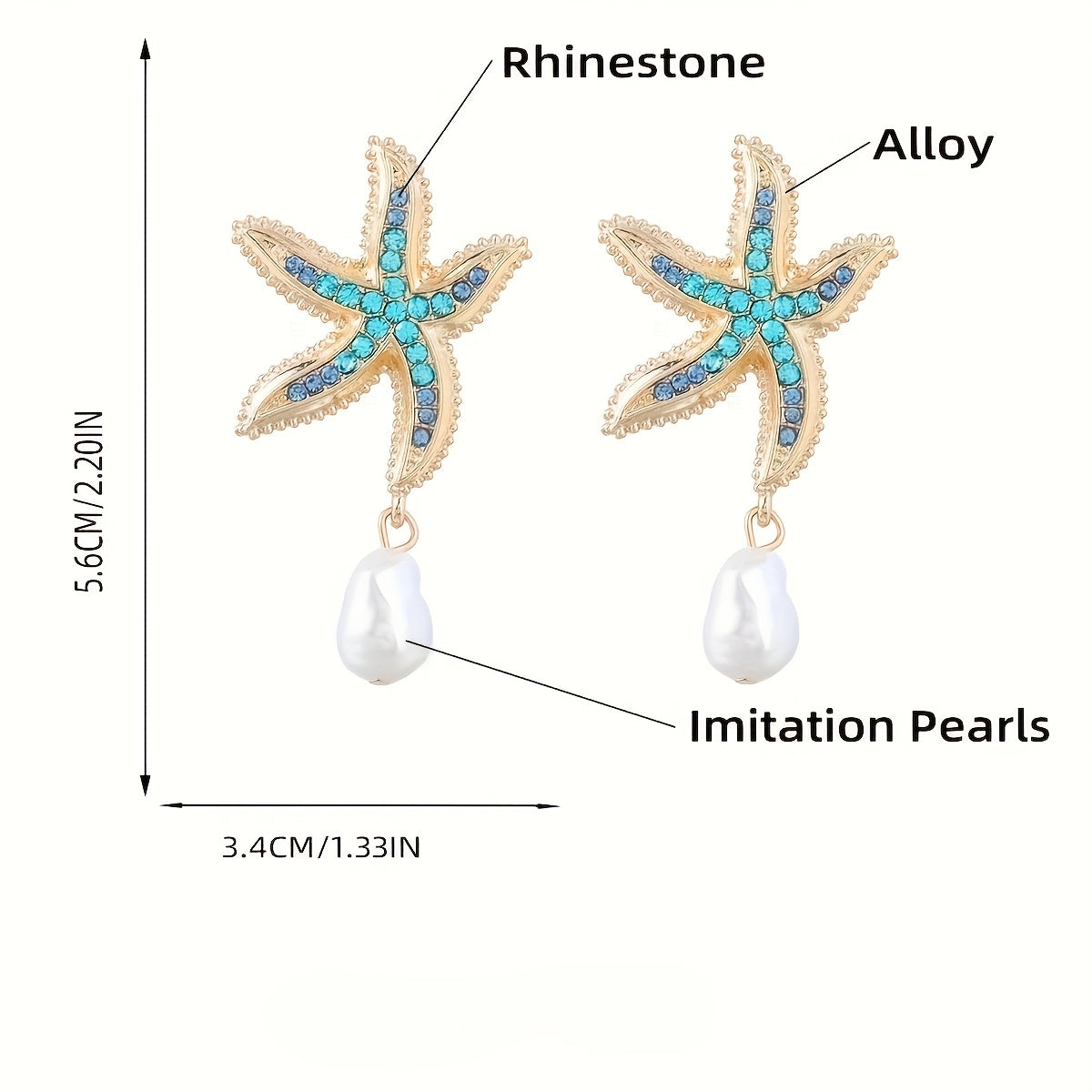 Gold-Tone Starfish Drop Earrings with Rhinestones & Pearl