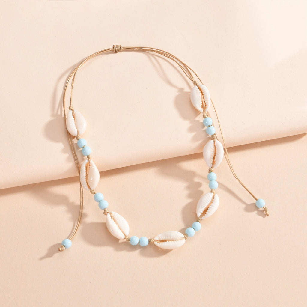 Beachy Cowrie Shell Choker with Blue Beads