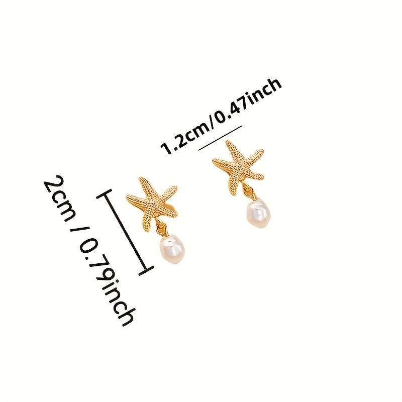 Gold Starfish Pearl Drop Dangle Earrings