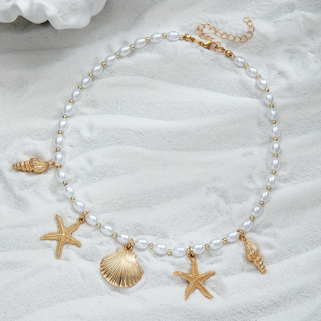 Beachy Faux Pearl Choker with Gold Sea Charms