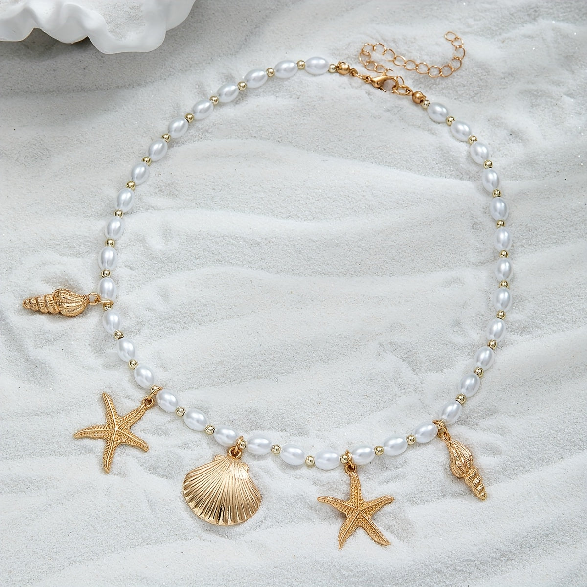 Beachy Faux Pearl Choker with Gold Sea Charms