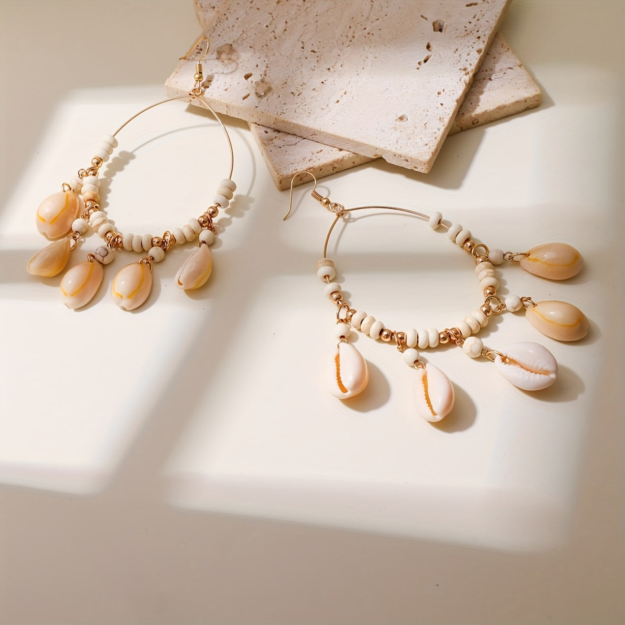 Gold-Tone Hoop Earrings with Dangle Cowrie Shells