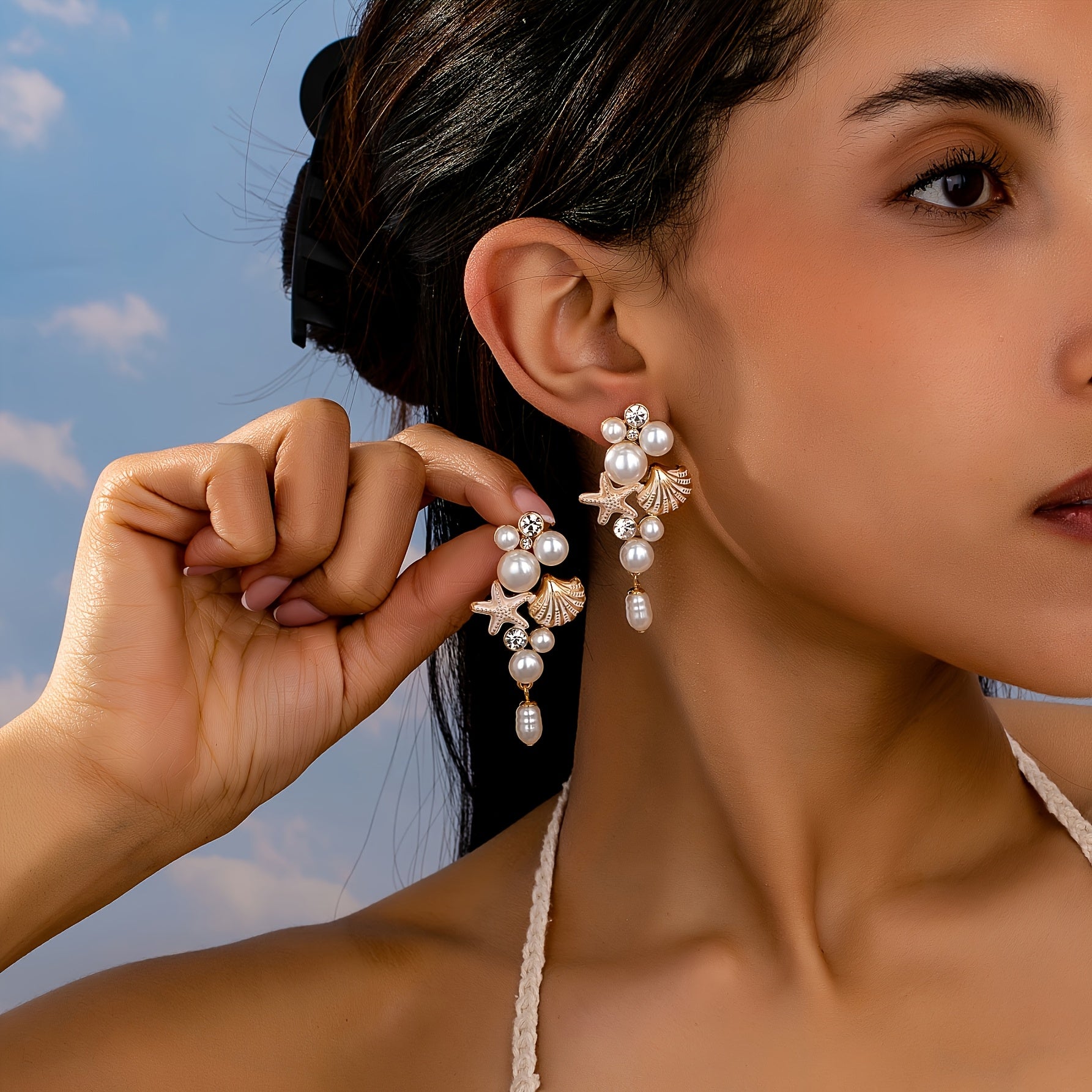 Gold-Tone Seashell Starfish Pearl Drop Earrings