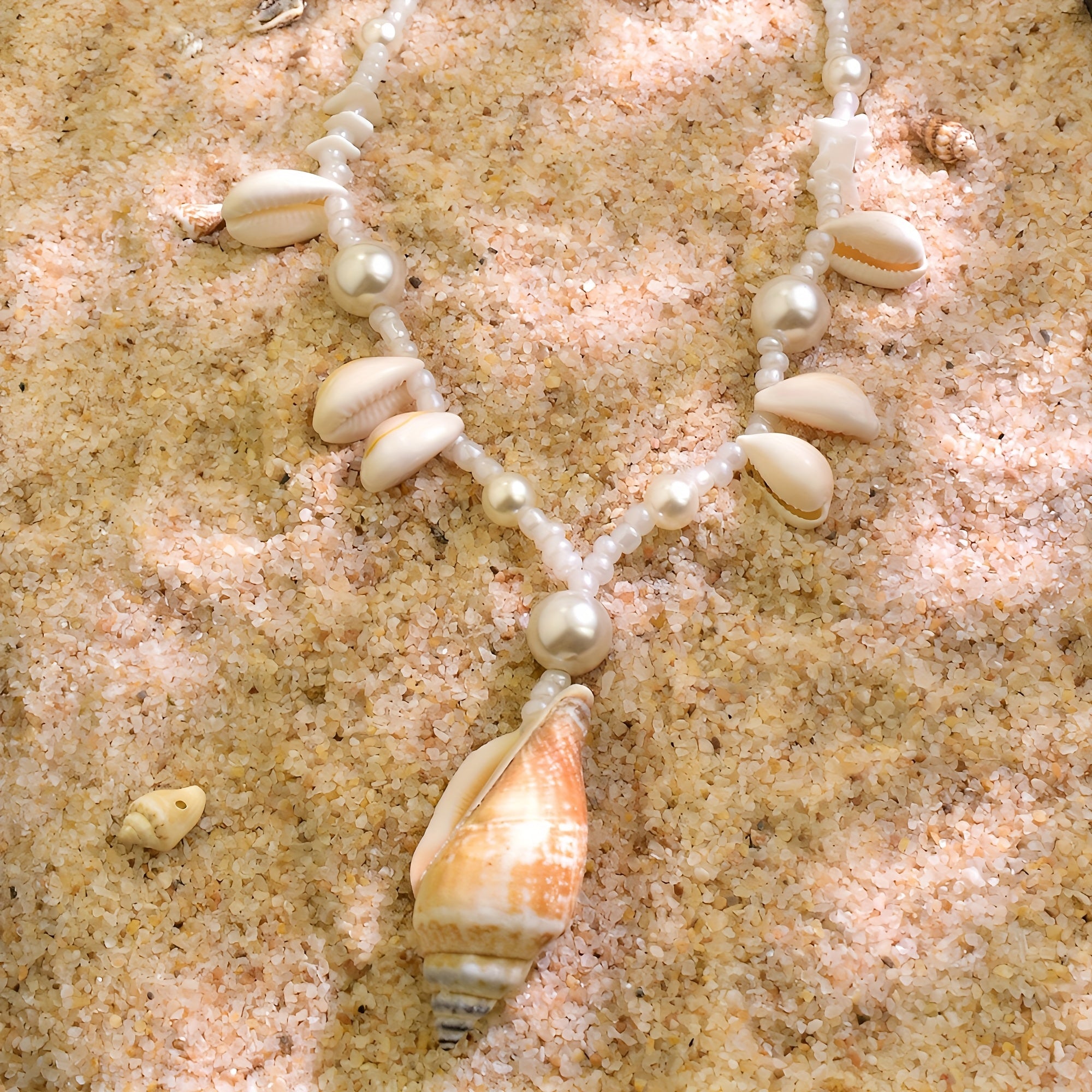 Bohemian Pearl and Shell Necklace with Conch Pendant
