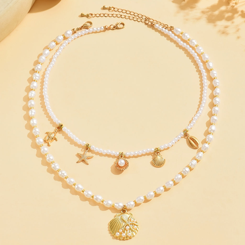 Bohemian Layered Pearl Necklace with Gold Ocean Charms