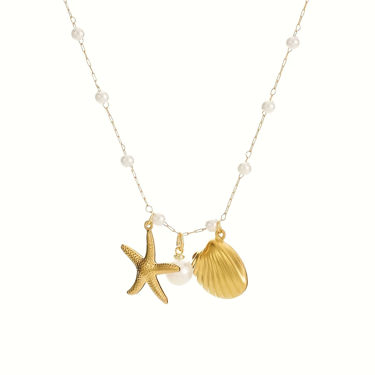 Bohemian Gold Charm Necklace with Starfish & Pearls