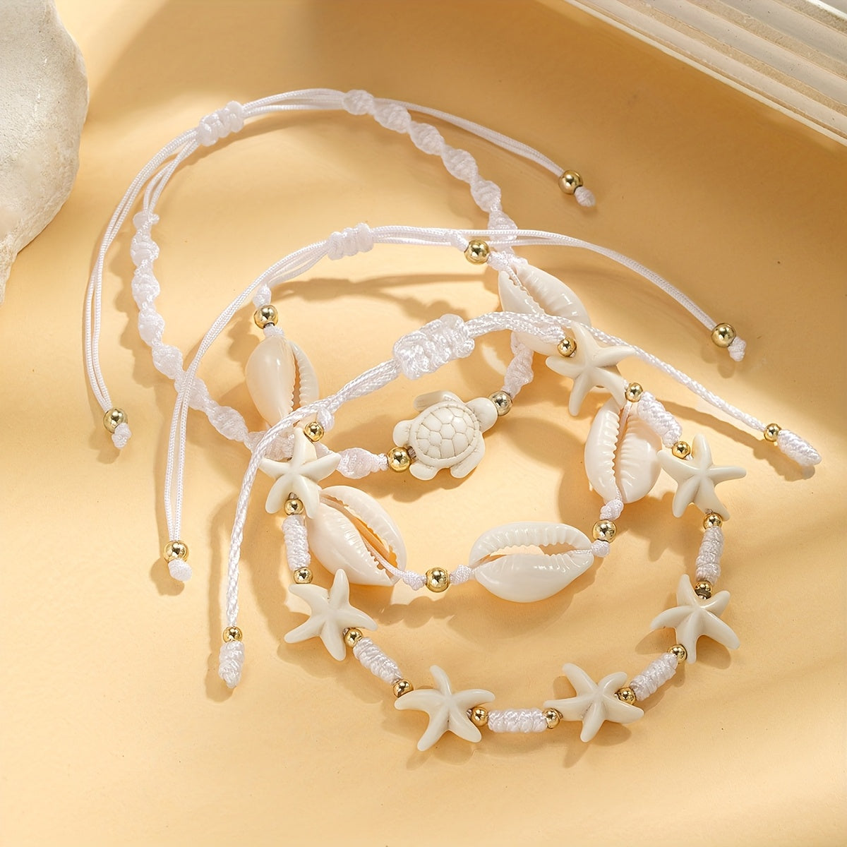 Bohemian White Woven Bracelet Set with Beach Charms