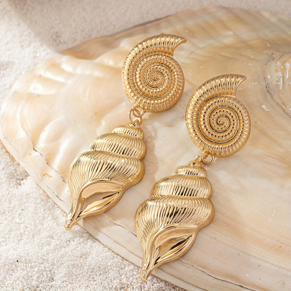 Gold Tone Spiral Shell Drop Earrings