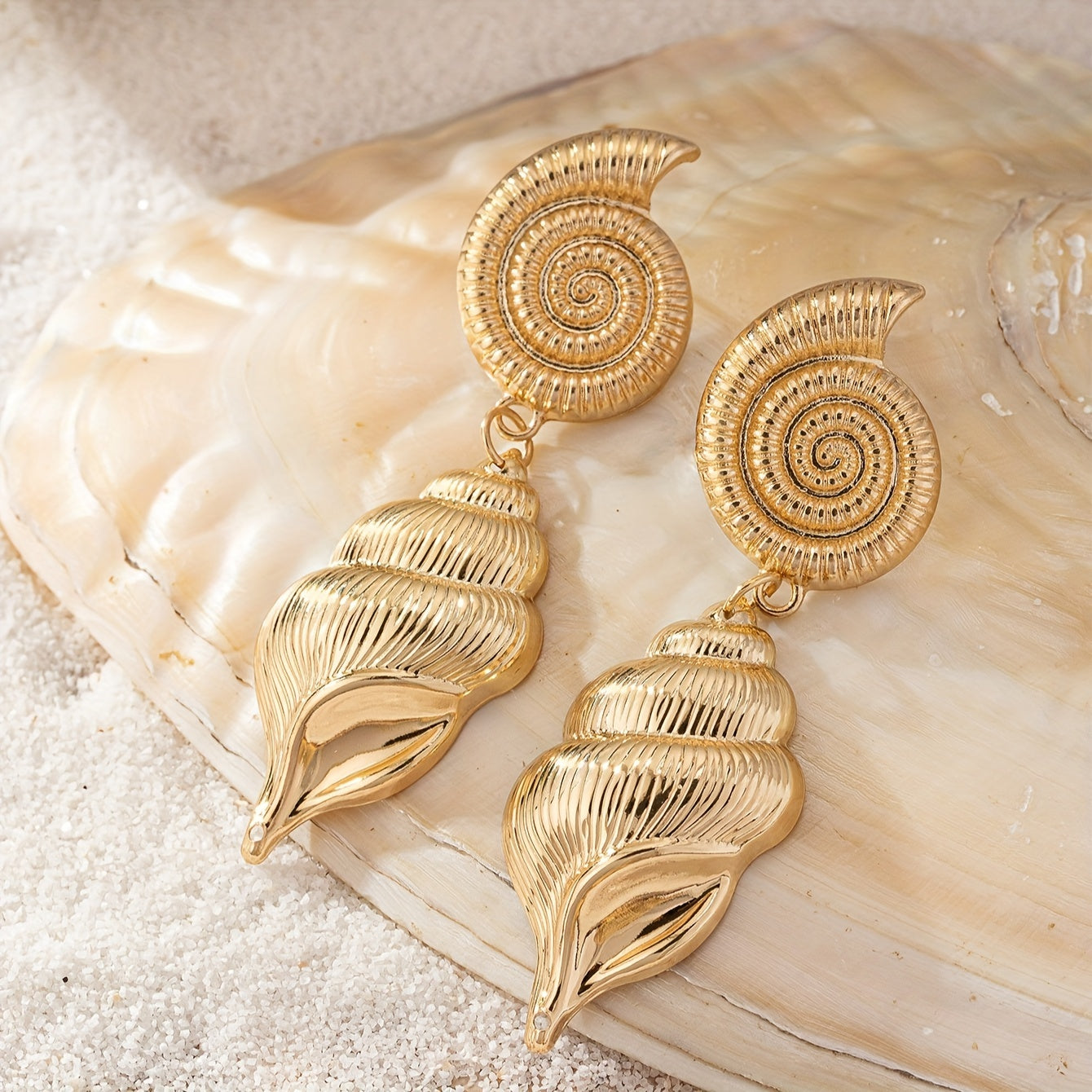 Gold Tone Spiral Shell Drop Earrings
