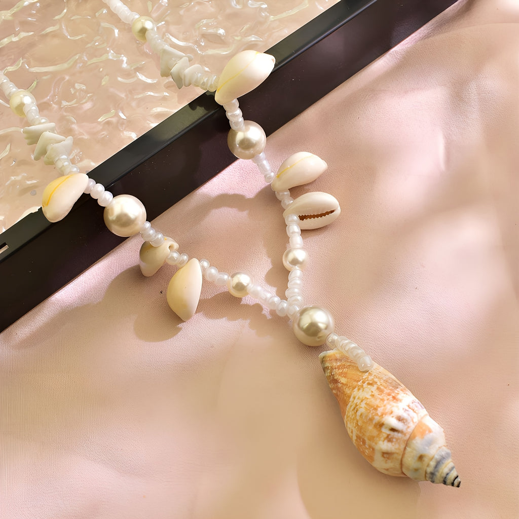 Bohemian Pearl and Shell Necklace with Conch Pendant
