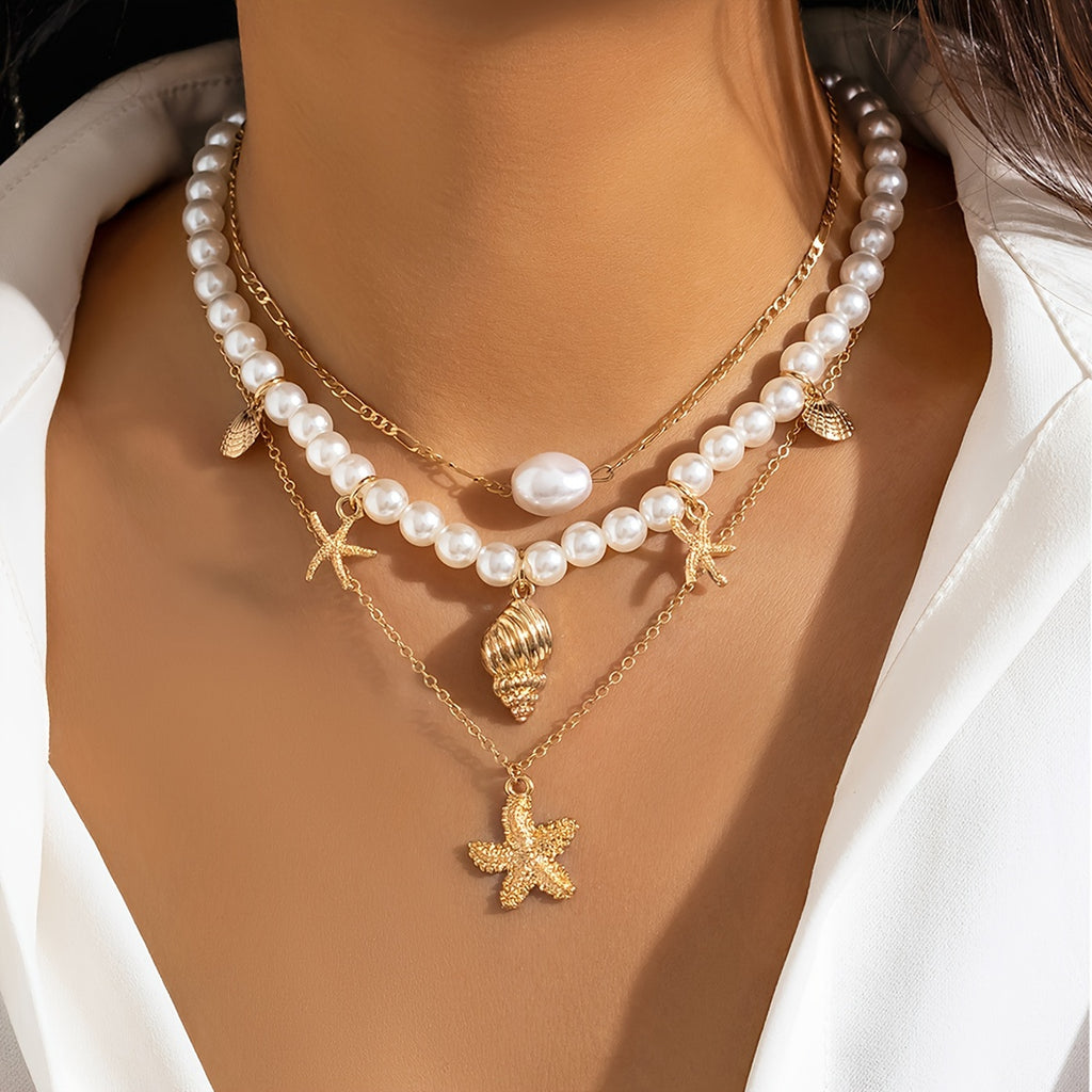 Bohemian Layered Pearl Necklace with Starfish & Shells