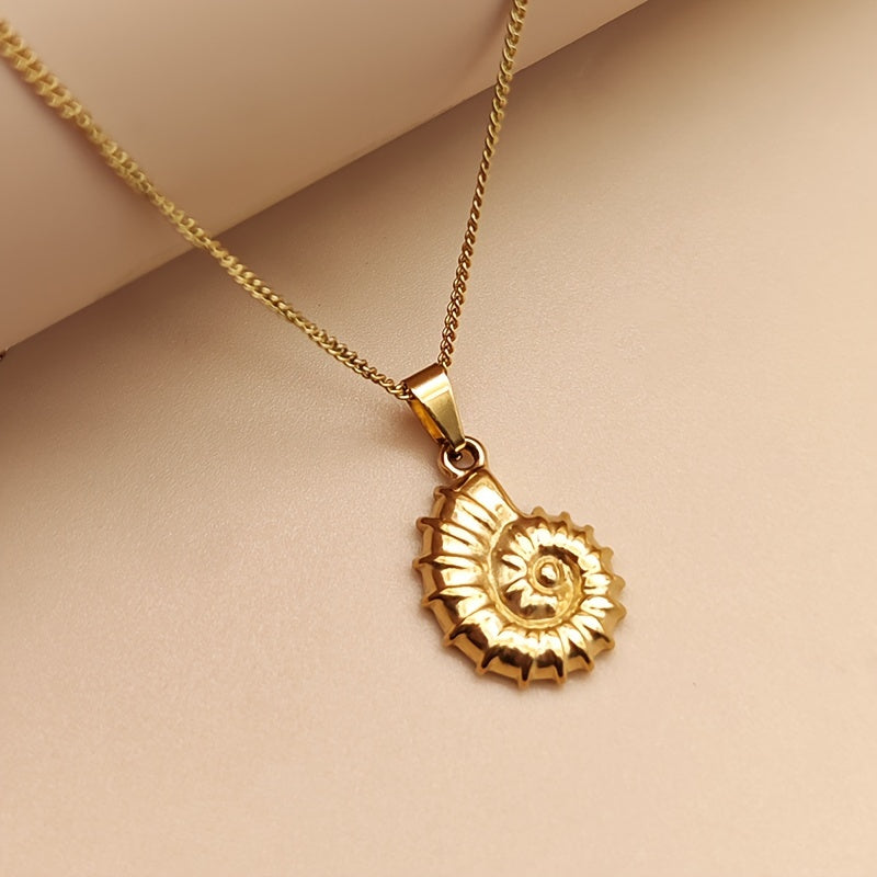 Golden Ribbed Ammonite Fossil Pendant Necklace