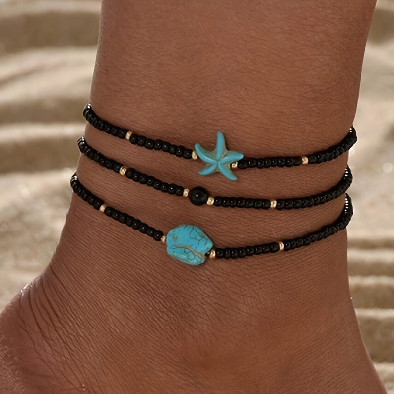 Boho Beaded Anklet Set with Starfish Charm