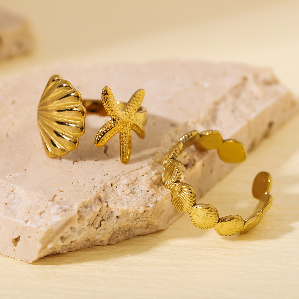 Gold Adjustable Starfish and Shell Ring Set
