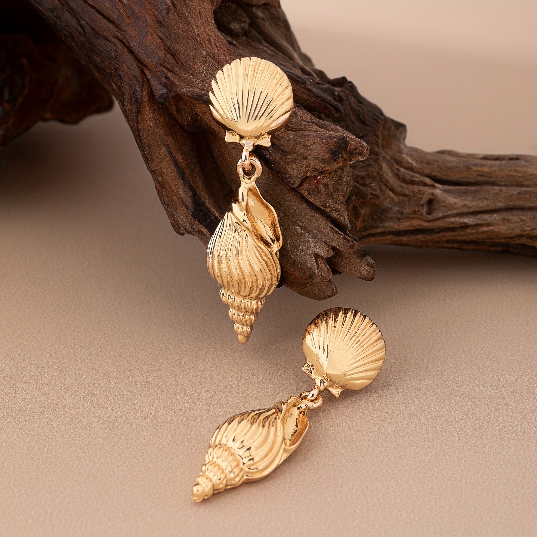 Gold Tone Scallop & Conch Drop Earrings