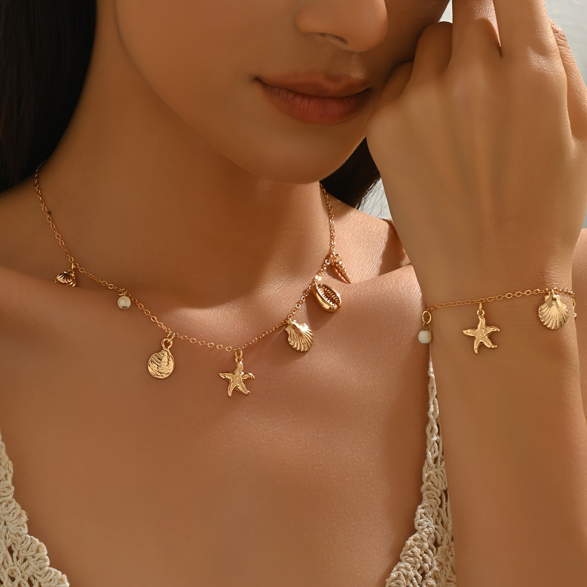 Bohemian Gold-Tone Sea Shell Charm Necklace and Bracelet
