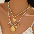 Bohemian Gold Shell Charm Pearl Layered Necklace