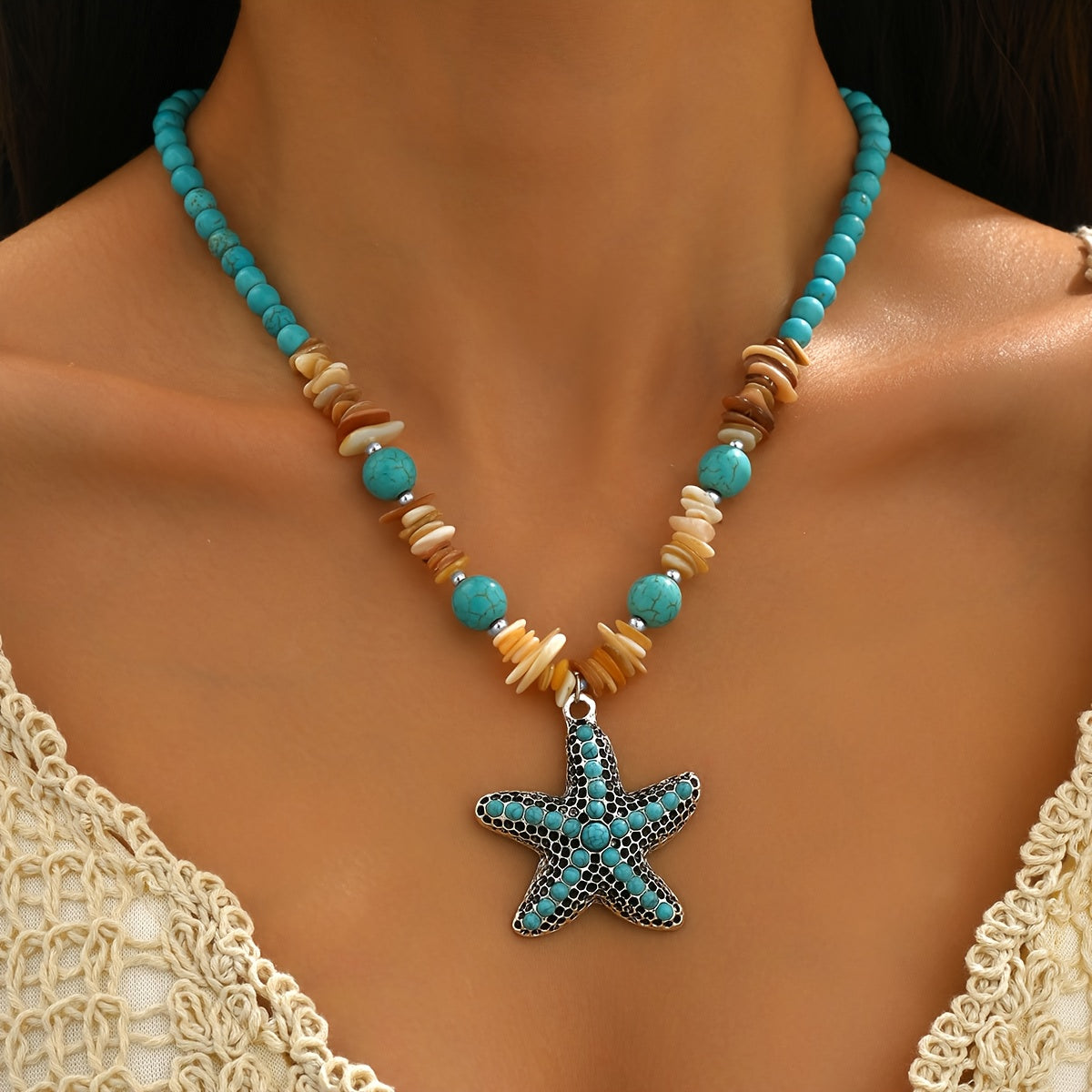 Bohemian Turquoise Starfish and Shell Chip Necklace