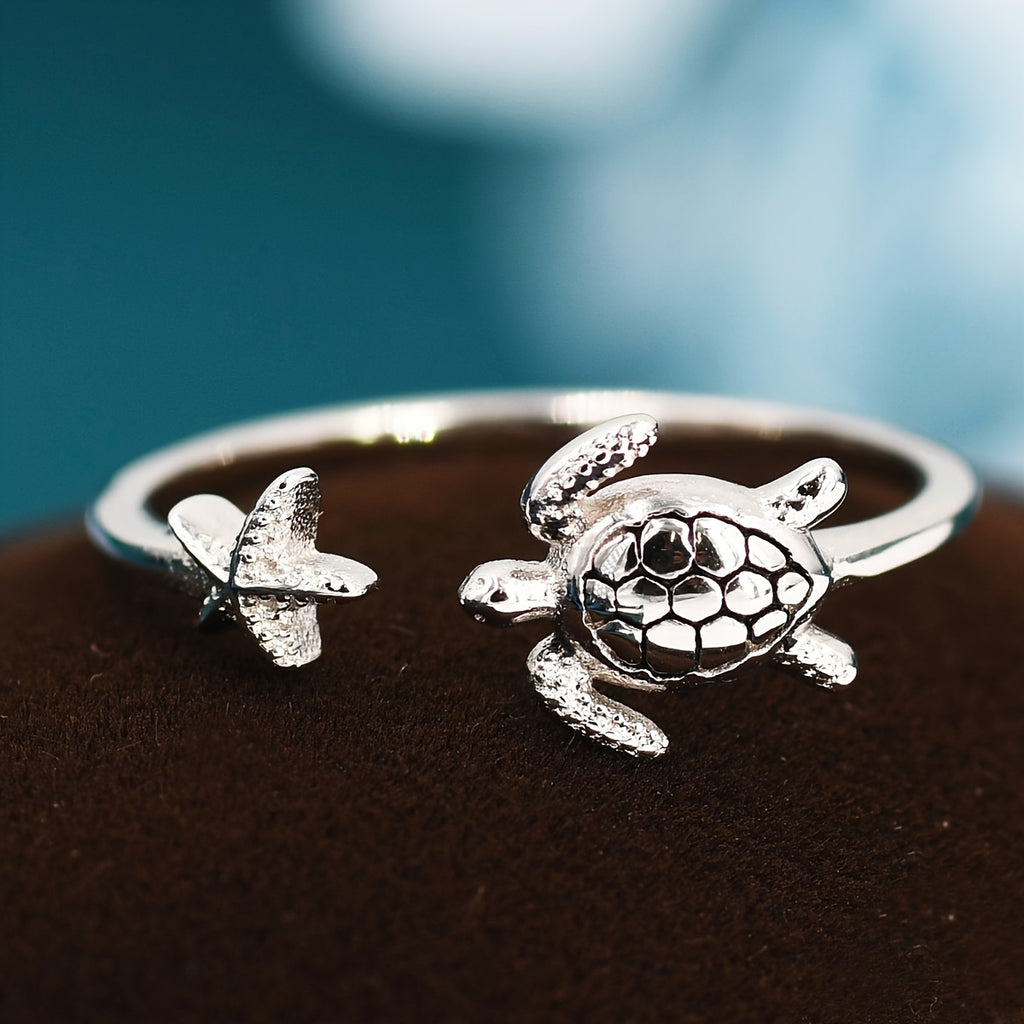 Adjustable Sea Turtle and Starfish Silver Ring